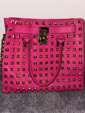 Michael Kors Pyramid Stud Hot Pink Tote Bag with Gold Hardware